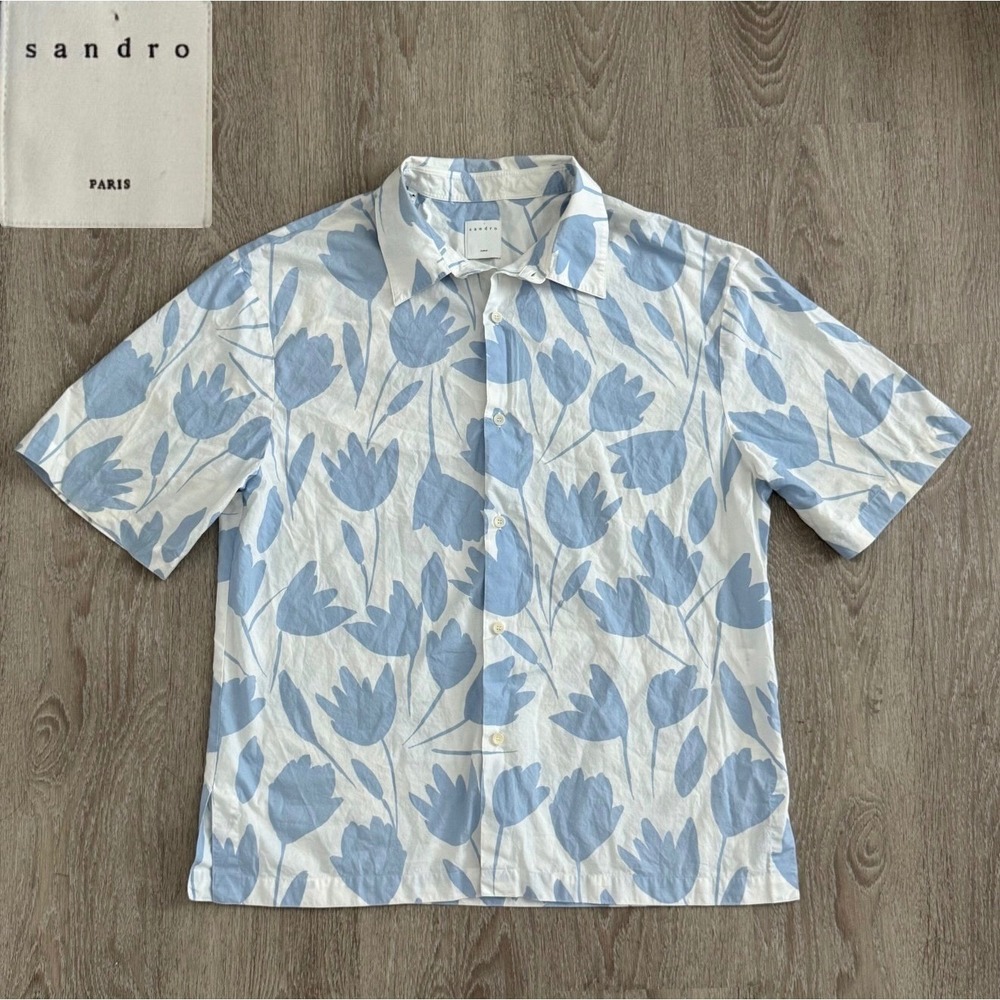 Sandro Paris Floral Tulip Print Short Sleeve Button Down Shirt Blue Mens Large